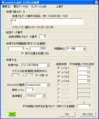 「Waveletフィルターとパケット処理」の画面